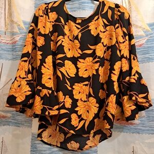 Gypsy Boho Whimsical Fairy Black and Orange Blouse Bell Sleeves Size M Apt 9